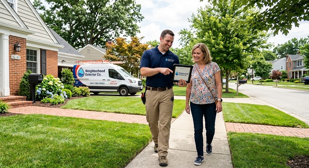 A Neighborhood Exterior Co. technician showing a homeowner the estimate on a tablet outside her home