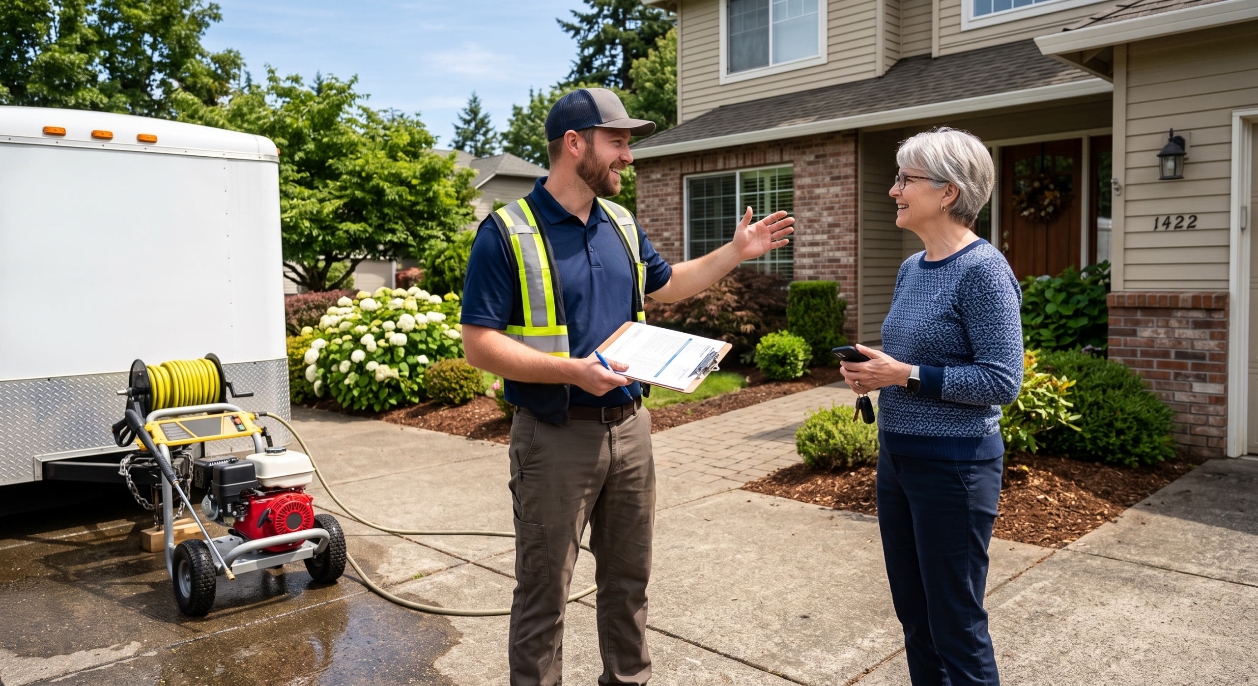 A power washing technician with a clipboard talking the job through with a homeowner at the front of the house, beside the equipment trailer.