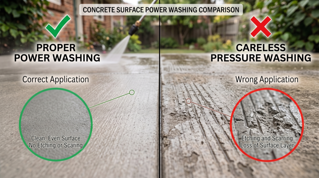Side by side comparison of a concrete surface. The left half, labelled proper power washing, shows a clean, even finish with no etching. The right half, labelled careless pressure washing, shows wand etching, scarring and loss of the surface layer.