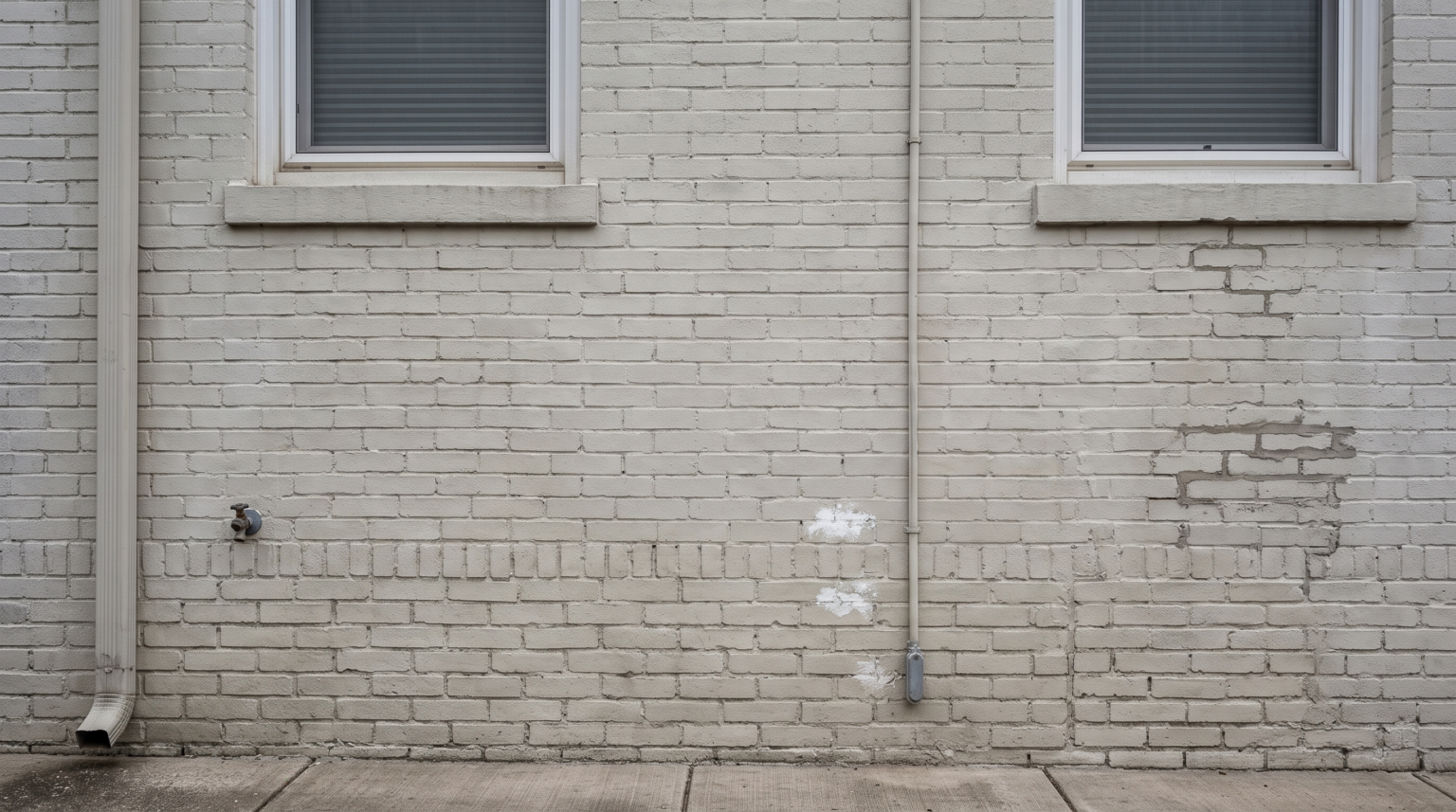 The same wall after a soft wash, with the algae and staining gone and the mortar joints, paint and repaired brickwork unchanged.