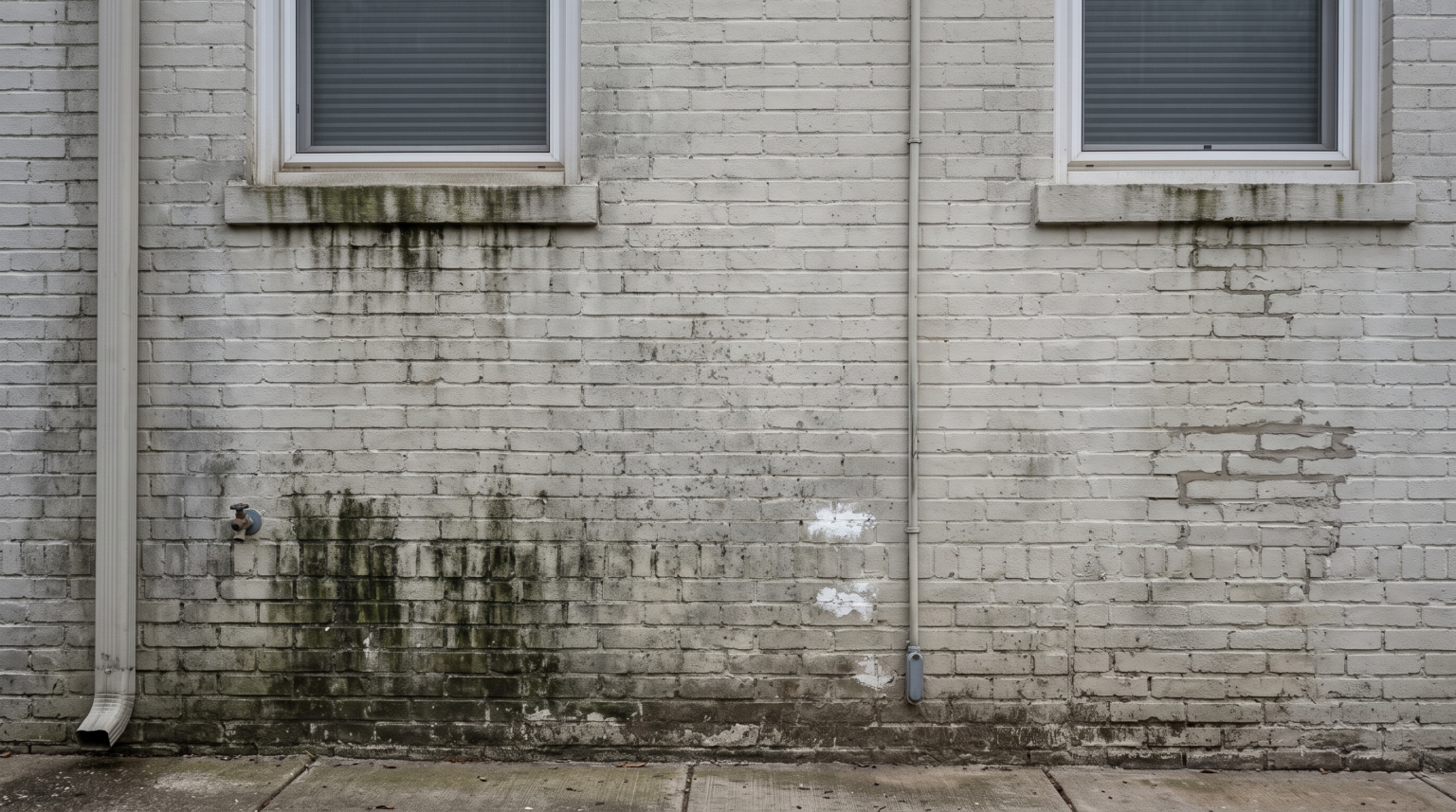 Painted brick wall before power washing, with black and green algae streaking below the window sills and a band of soiling along the base.